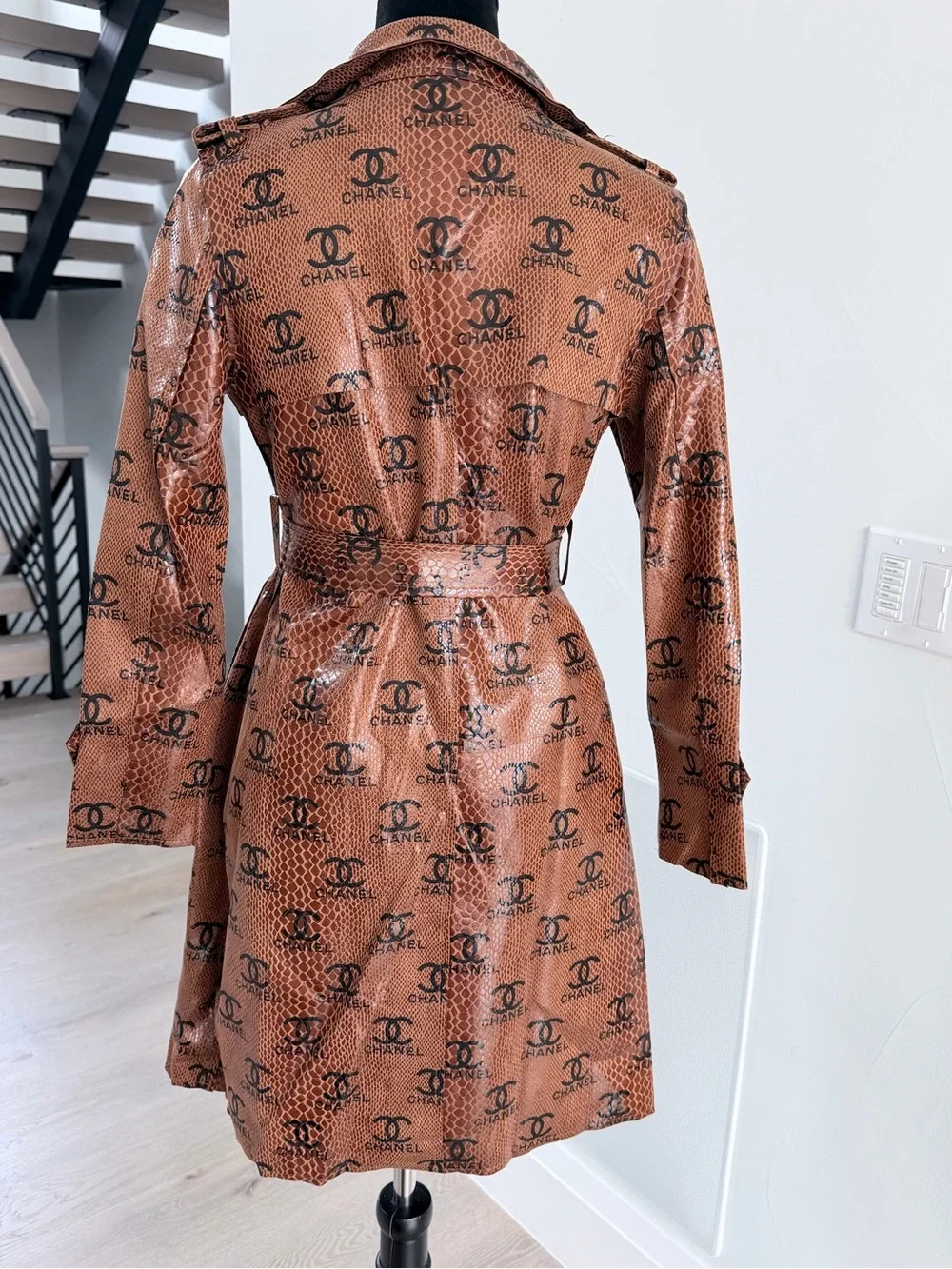 Gorgeous Faux Leather Brown Logo-Print Trench Coat size S